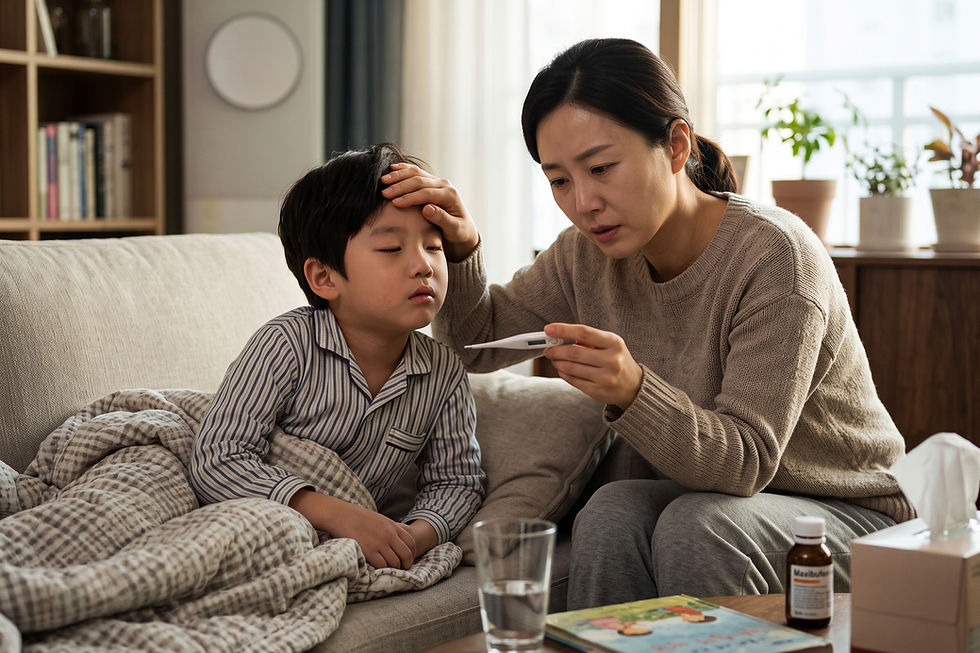 질문 일러스트: 폐렴으로 4일째 열이 나는 8세 아이, 38도 초반의 미열에도 해열제를 먹여야 할까요?