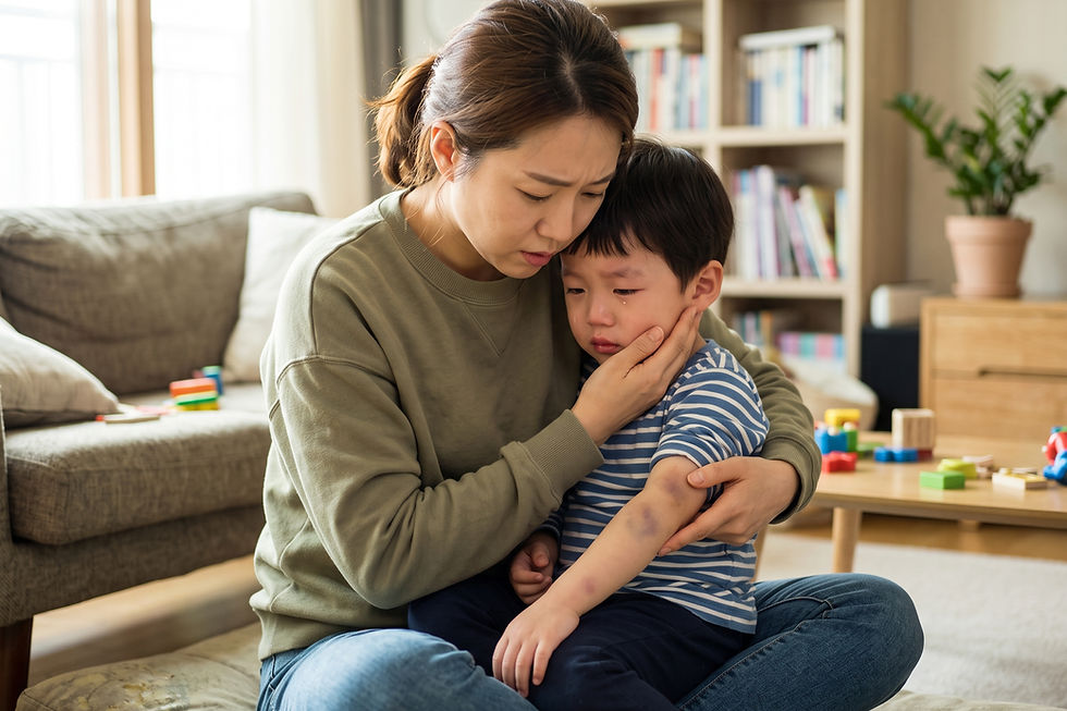 질문 일러스트: 아이가 멍든 곳에 열냉각 시트(해열 패치)를 붙여도 괜찮을까요?