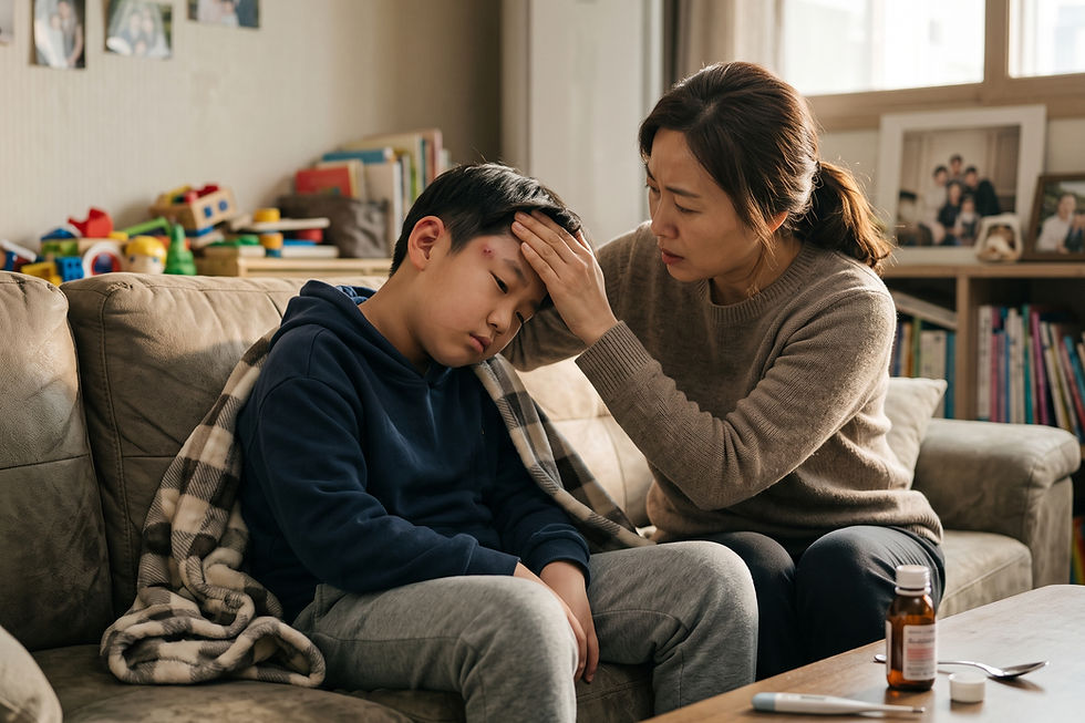 질문 일러스트: 아이가 머리를 부딪힌 후 조용해지고 미열이 납니다. 뇌진탕일까요? 병원에 가야 할까요?