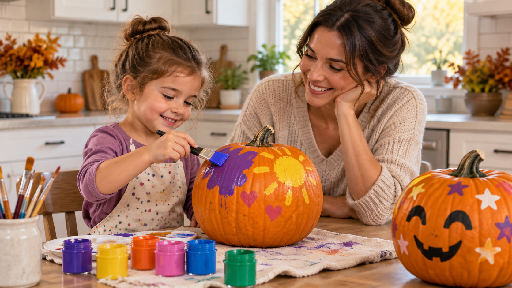 A caregiver watches a young child paint an uncut pumpkin at a kitchen table.