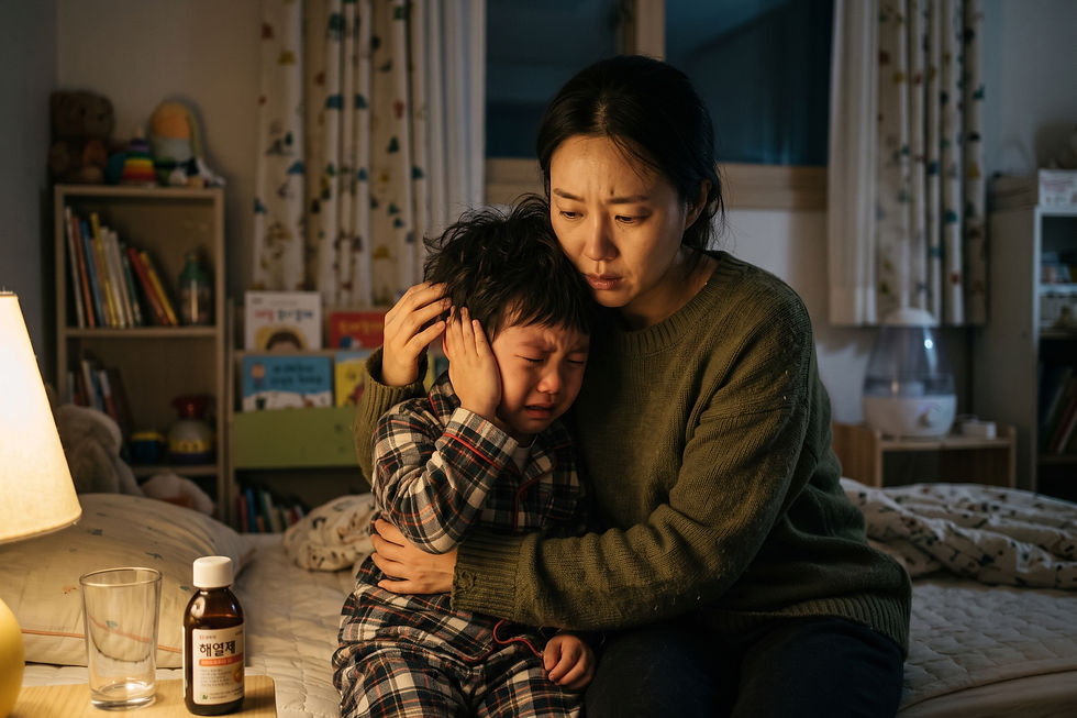 질문 일러스트: 감기약 복용 중인 아이가 밤에 귀가 아프다고 심하게 웁니다. 해열제를 교차복용해야 할까요, 아니면 응급실에 가야 할까요?