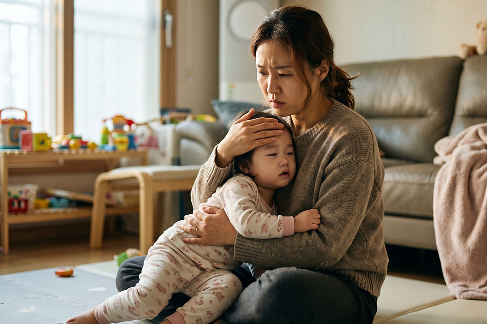 의사 답변 일러스트: 30개월 아이가 3일째 열이 오르내리고 자꾸 휘청거리며 넘어집니다. 병원에 가봐야 할까요?
