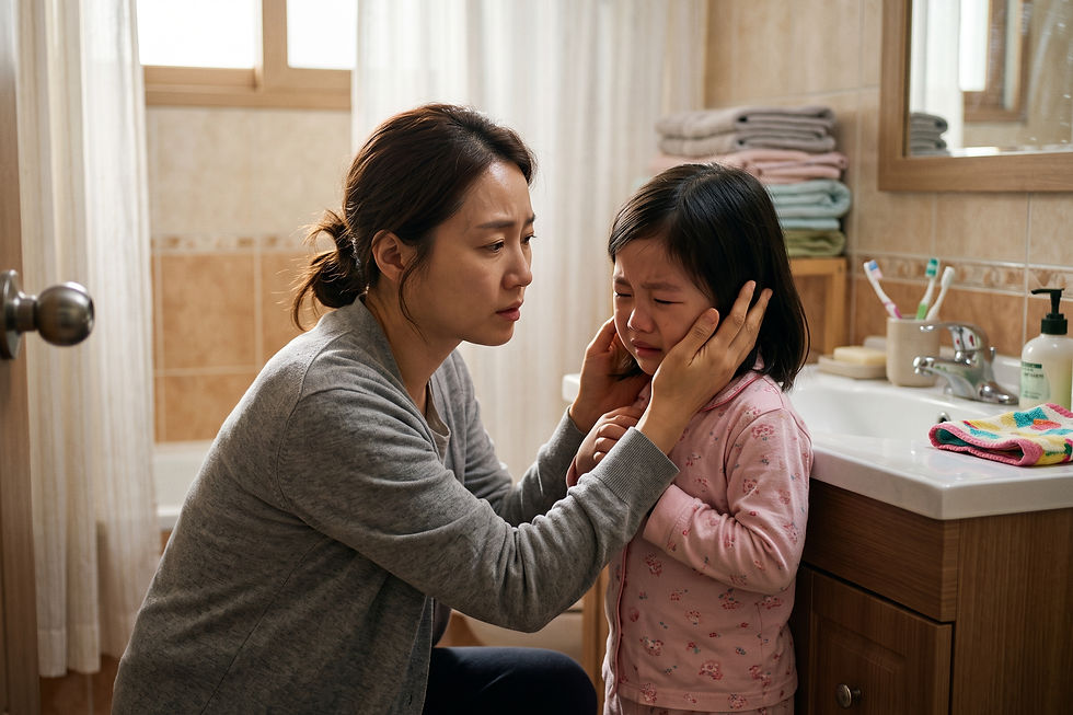 의사 답변 일러스트: 축농증이 있는 아이가 코 세척을 할 때 눈이 아프다고 하는데, 중단해야 할까요?