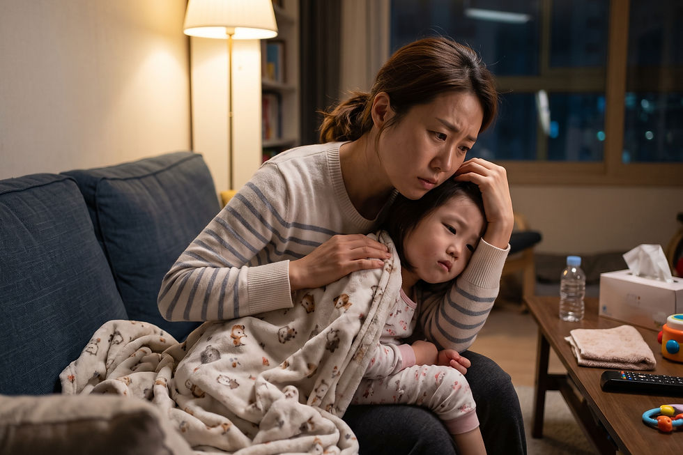 질문 일러스트: 아이가 구토는 하는데 설사는 안 합니다. 노로바이러스일 수 있나요?