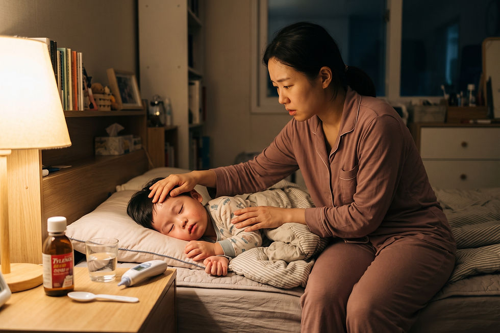 의사 답변 일러스트: 20개월 아기 열이 39.9도까지 올랐는데, 해열제를 먹여도 30분째 떨어지지 않아요. 응급실에 가야 할까요?