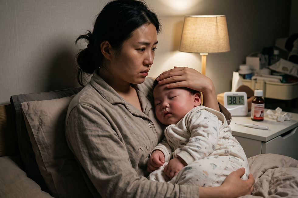 질문 일러스트: 가족 감기가 옮은 6개월 아기, 해열제 용량과 열이 안 떨어질 때 응급실 방문 기준이 궁금합니다.