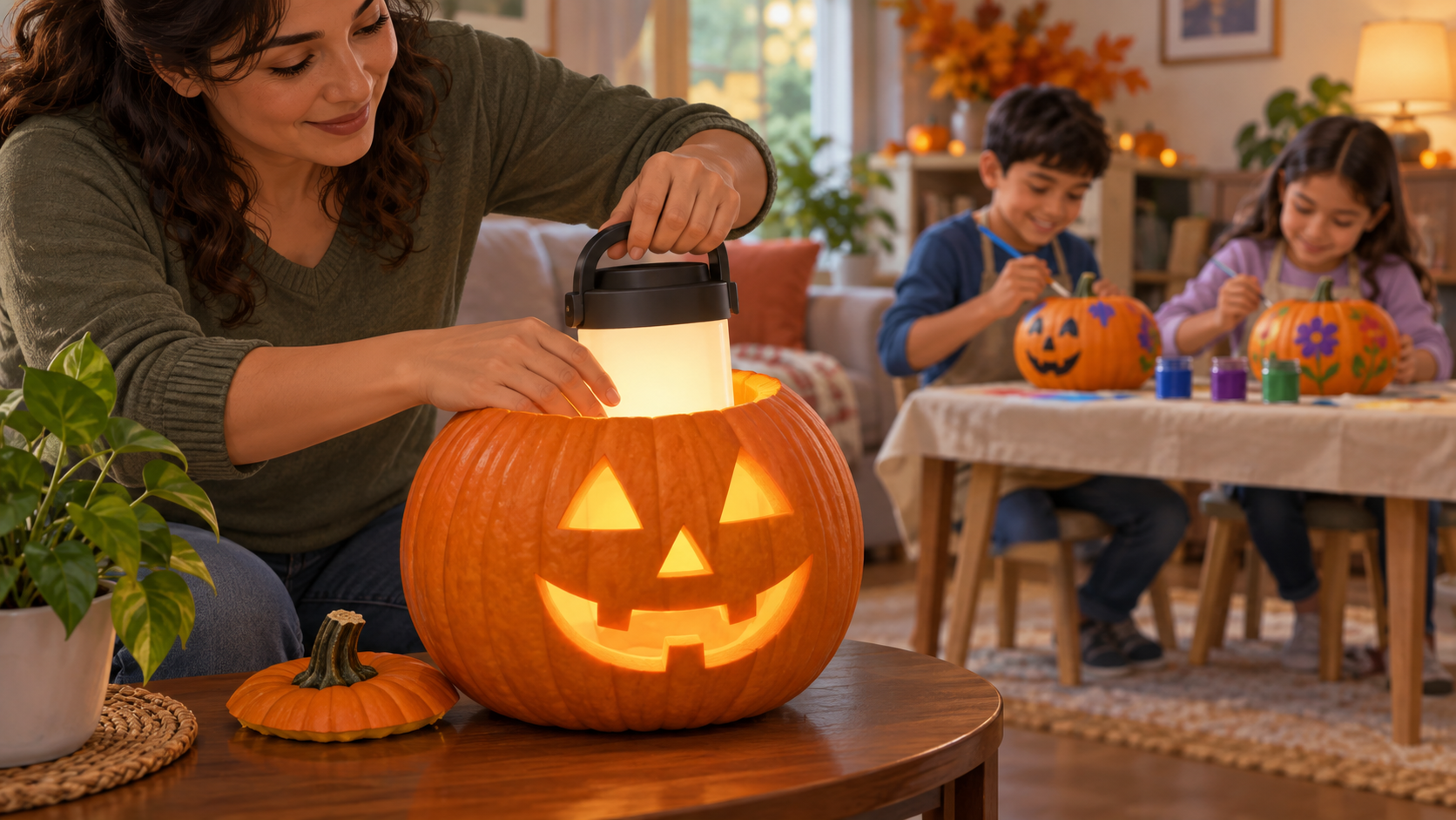 Una persona adulta coloca una lámpara encendida dentro de una calabaza tallada; dos niños pintan al fondo.