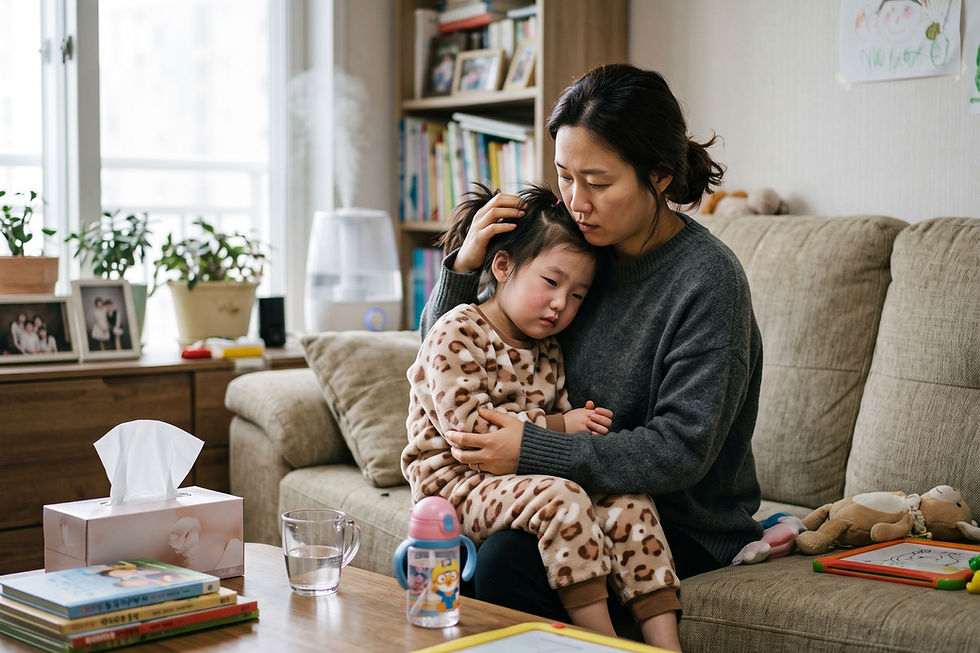 질문 일러스트: 1년 내내 감기, 중이염, 폐렴을 달고 사는 5세 아이, 면역력 문제일까요? 어떤 검사가 필요한가요?