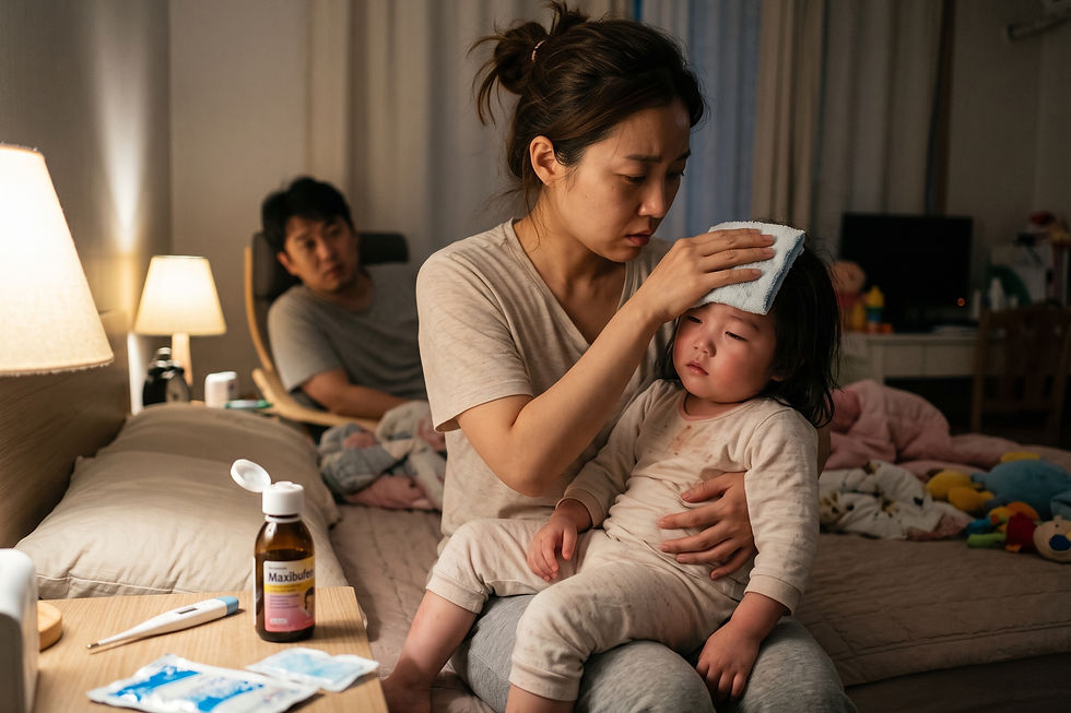 질문 일러스트: 독감 예방접종 후 40도 이상의 고열이 지속되는데 응급실에 가야 할까요?