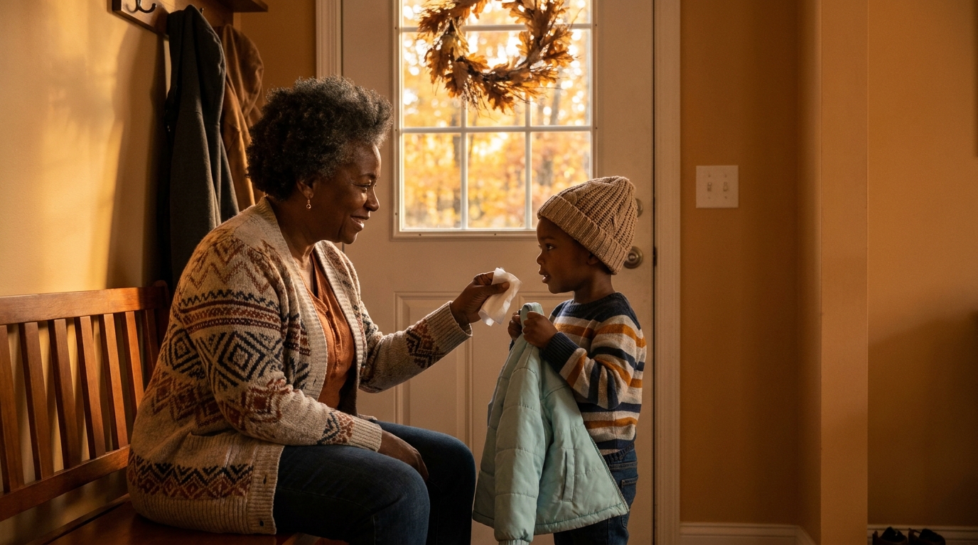 Black grandparent caring for a comfortable child during fall ragweed season