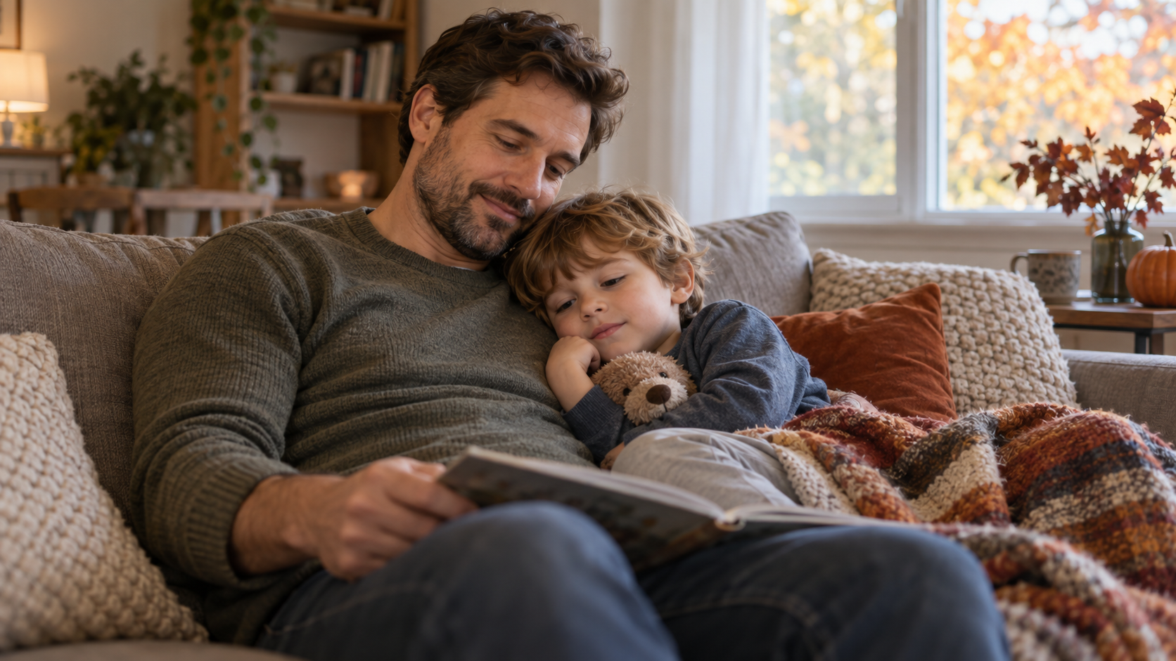 Father comforting his preschool-age child with a cold on the couch at home in early fall