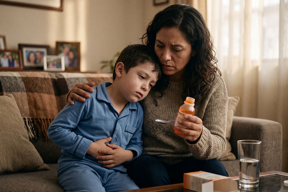 Ilustración de la pregunta: Mi hijo se queja de náuseas y dolor de estómago después de tomar antibióticos. ¿Debo suspender e…