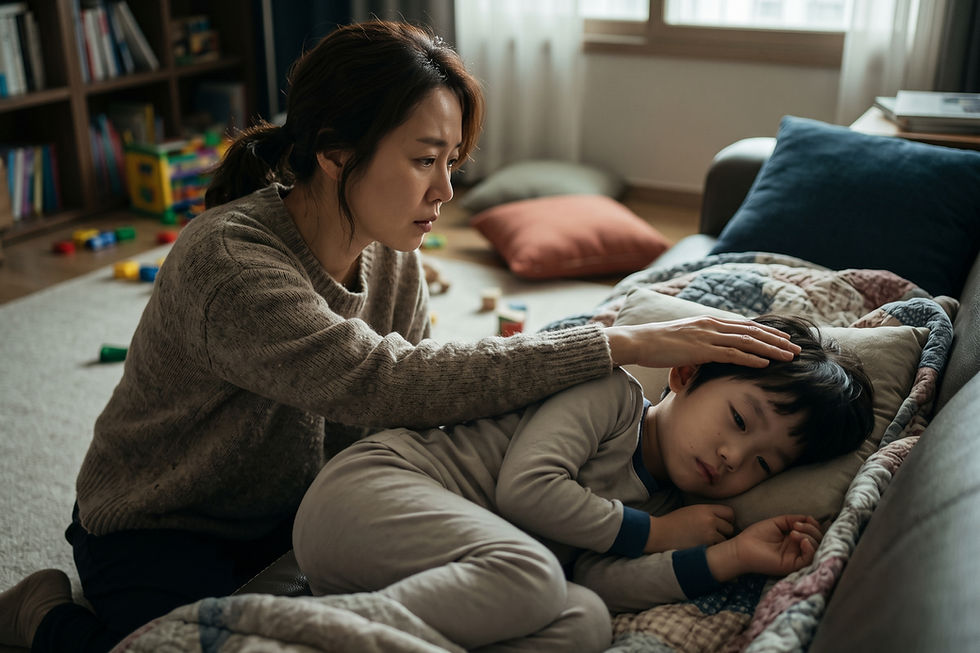 질문 일러스트: 장염 후 각종 검사는 정상인데 아이가 전혀 먹지 못하고 계속 누워만 있어요. 입원해야 할까요?