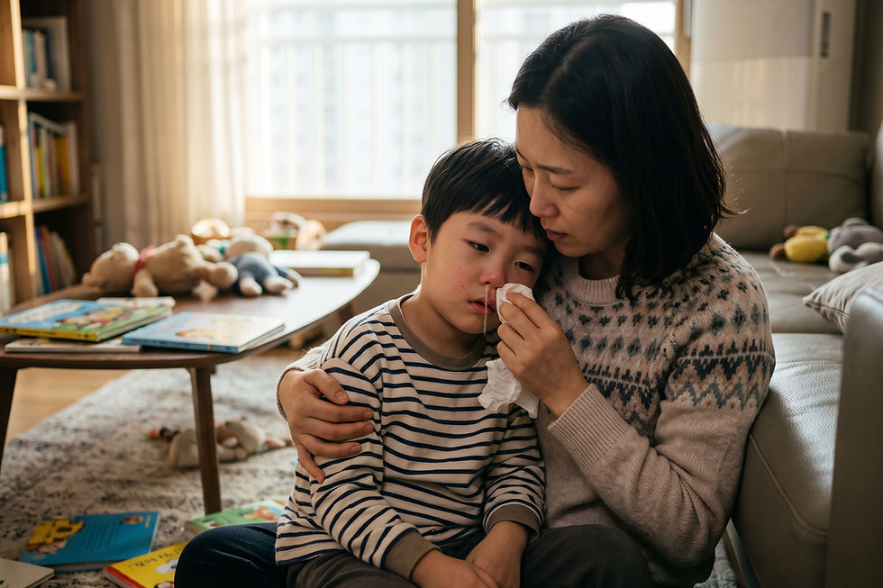 질문 일러스트: 비염 있는 아이, 진득한 노란 콧물이 약 복용 후 맑고 묽게 변했는데 낫는 과정일까요?
