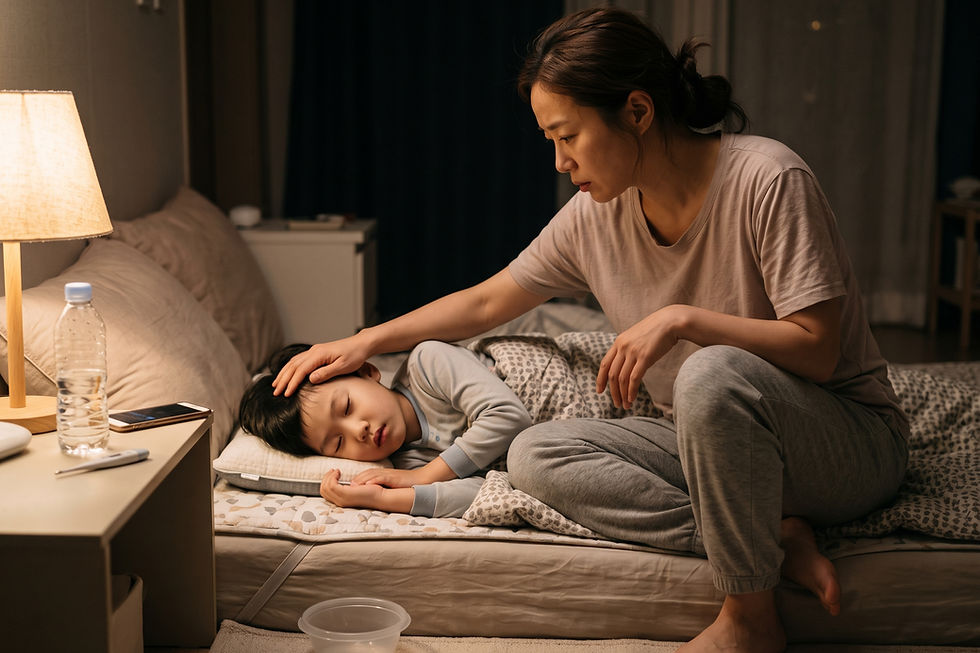 질문 일러스트: 초등학생 아이가 독감 예방접종 후 피곤해하더니 구토를 했습니다. 지금은 잠들었는데 지켜봐도 될까요?