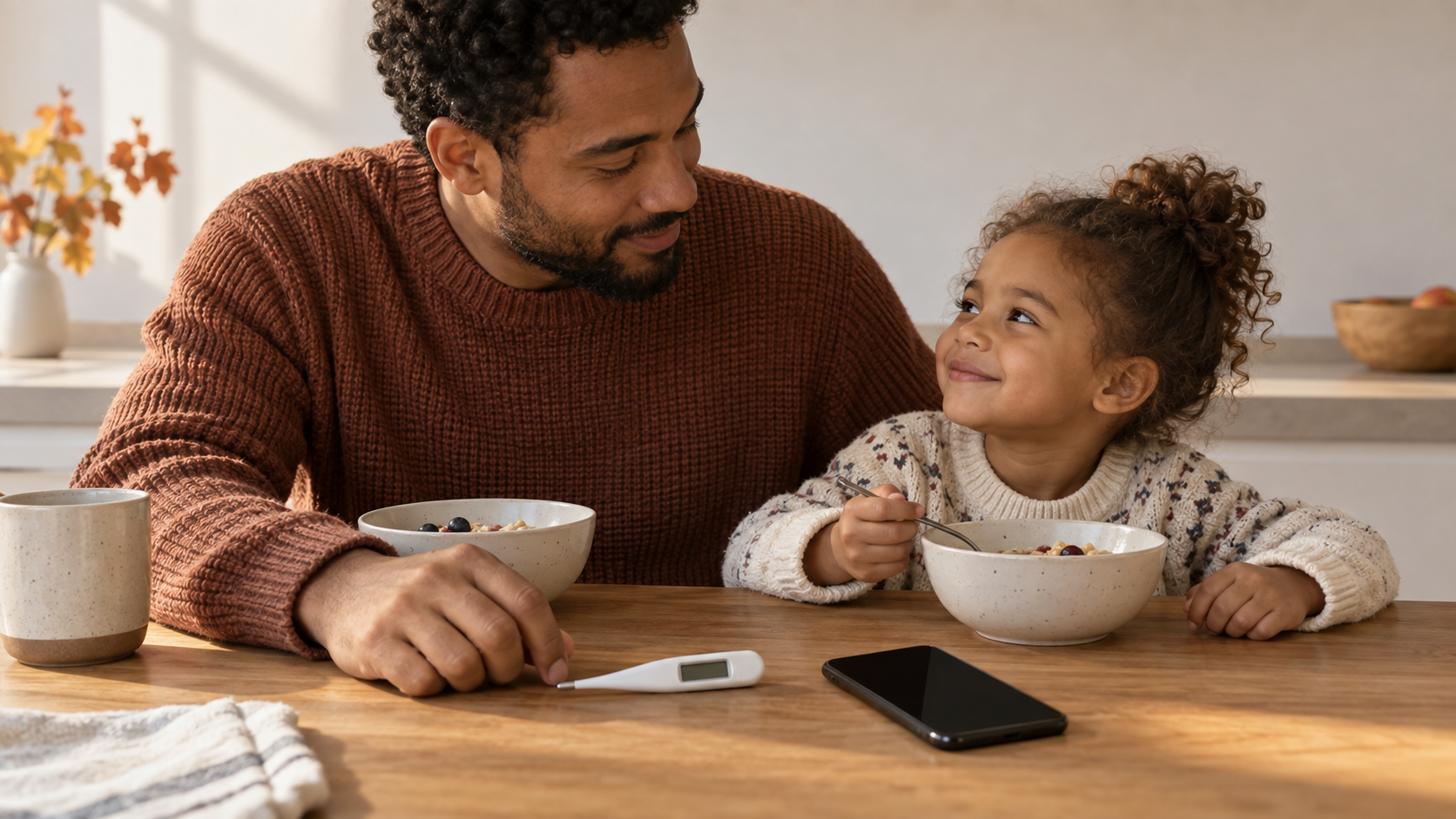 Father and child at the kitchen table with a thermometer and phone during a school-morning check