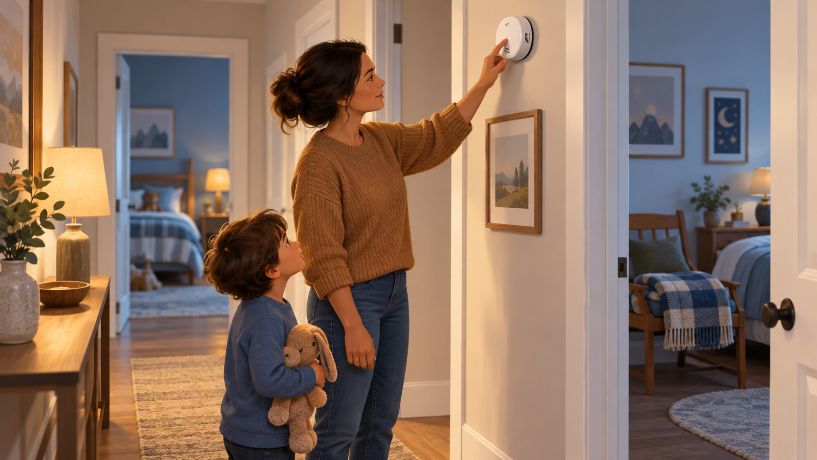 A caregiver in an amber sweater checks a round wall-mounted detector in a hallway as a child with a stuffed rabbit watches; a folded blanket rests on a bedroom chair.