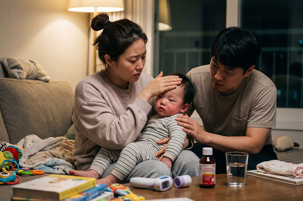 질문 일러스트: 14개월 아기 예방접종(일본뇌염, 독감) 당일엔 괜찮다가 다음 날부터 열이 날 수 있나요?