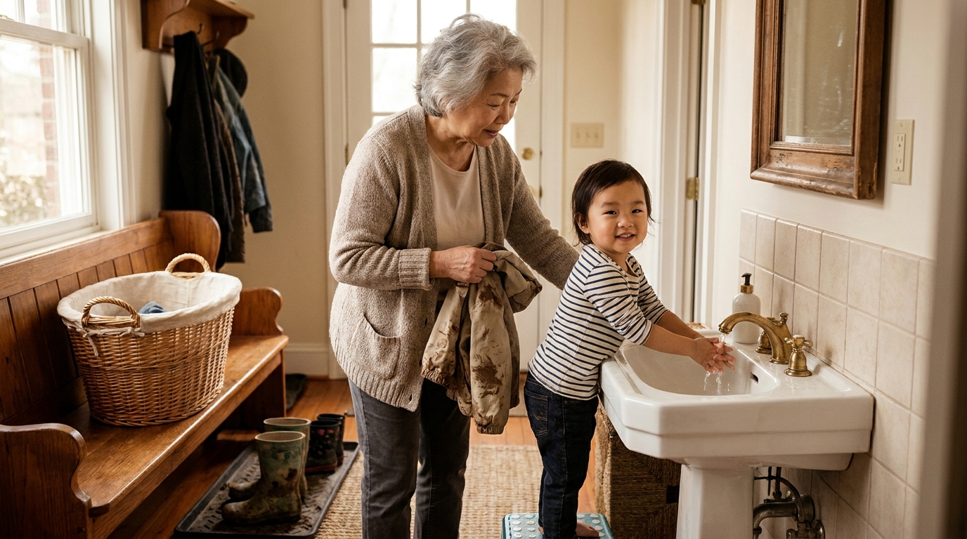 Asian grandparent helping a child change clothes and wash after outdoor play