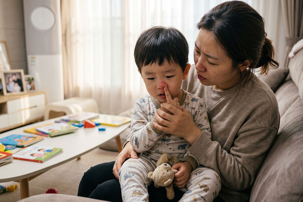 질문 일러스트: 코를 자주 후비는 27개월 아기, 콧구멍이 부었는데 어떤 연고를 발라야 할까요?