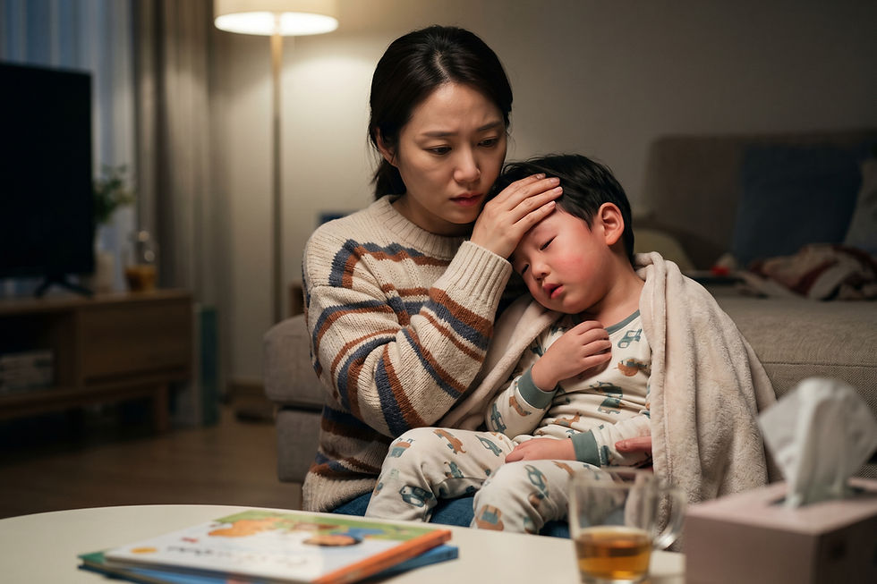 질문 일러스트: 기관지염으로 항생제를 하루 먹였는데 다음 날 열이 납니다. 항생제가 안 듣는 건가요?