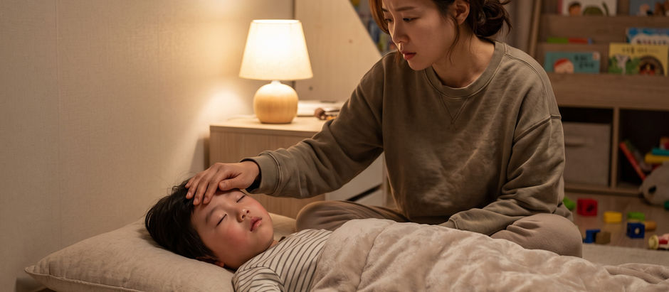 Q: 장거리 이동 중 구토와 38.5도의 열이 나는 아이, 해열제 교차 복용을 위해 깨워서 밥을 먹여야 할까요?