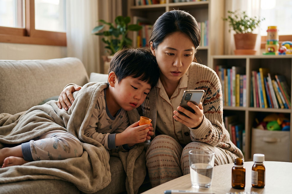질문 일러스트: 해열제와 감기약을 같이 복용해도 될까요? 시간 간격을 둬야 할까요?