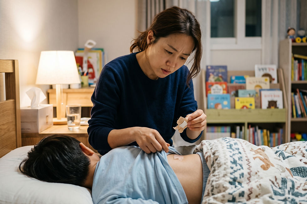 질문 일러스트: 아이 기침 패치를 붙인 지 2시간 만에 떨어졌는데 새로 붙여야 하나요?