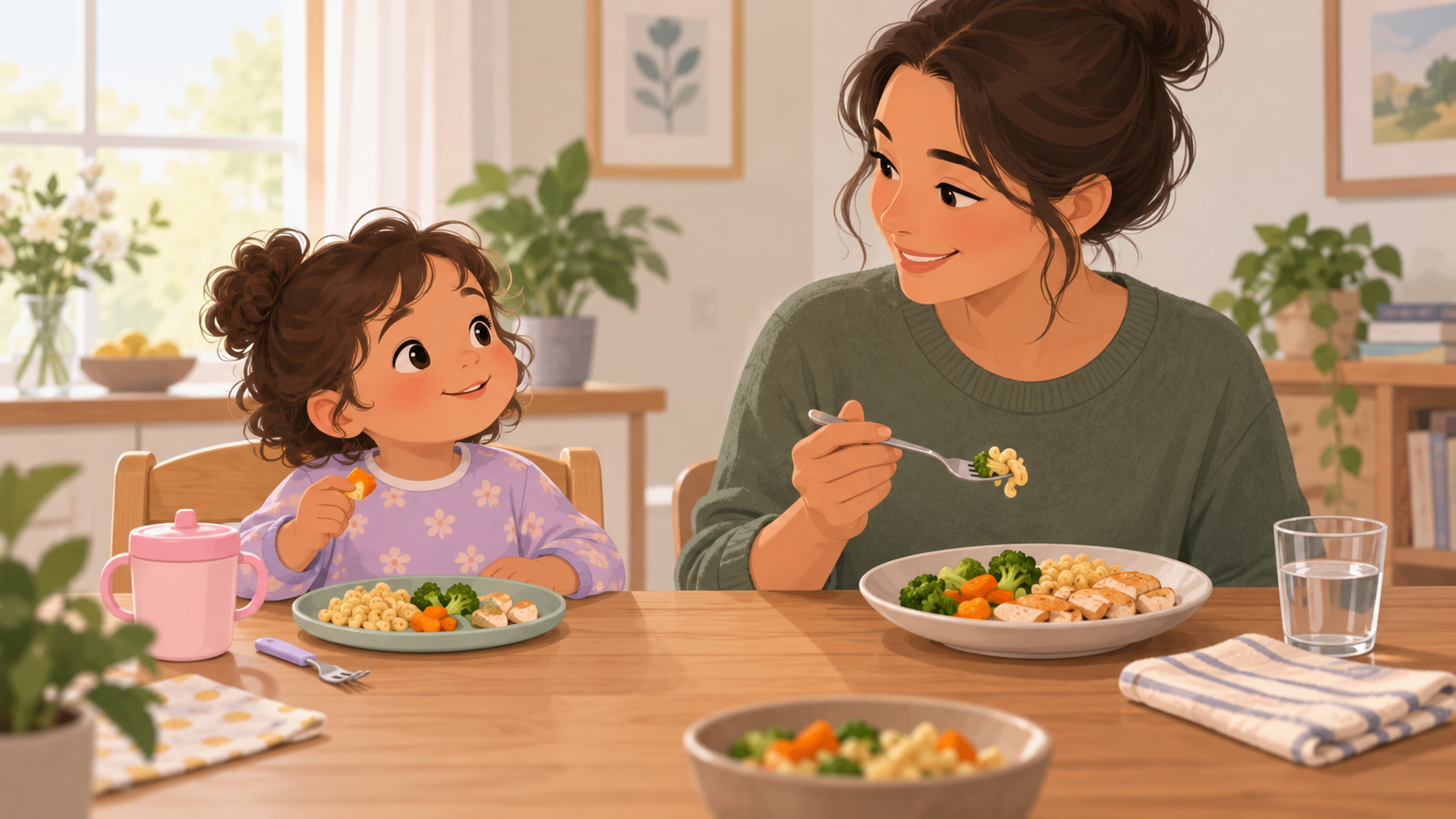A preschooler holds a small piece of food at the table while a caregiver eats nearby.