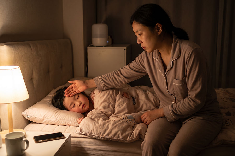 질문 일러스트: 독감 4일 차인데 잘 때 체온이 35.7도까지 떨어졌어요. 괜찮은 건가요?