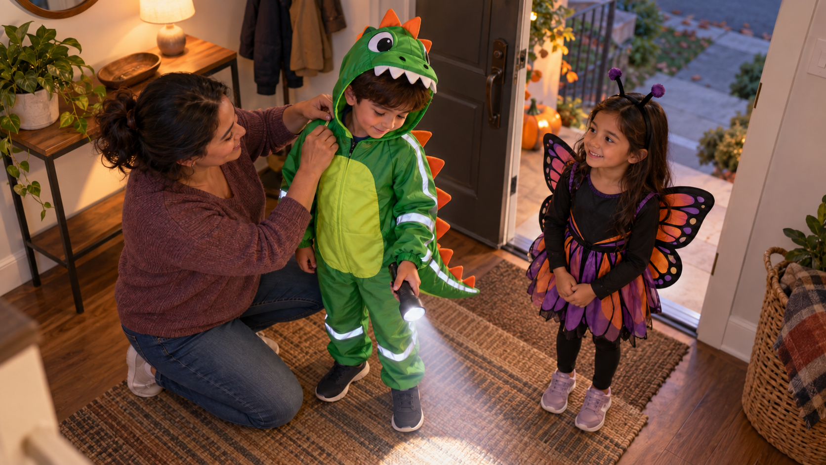En la entrada de casa, un adulto ajusta el disfraz verde de dinosaurio de un niño, que apunta una linterna al suelo; otro niño con disfraz de mariposa espera al lado.