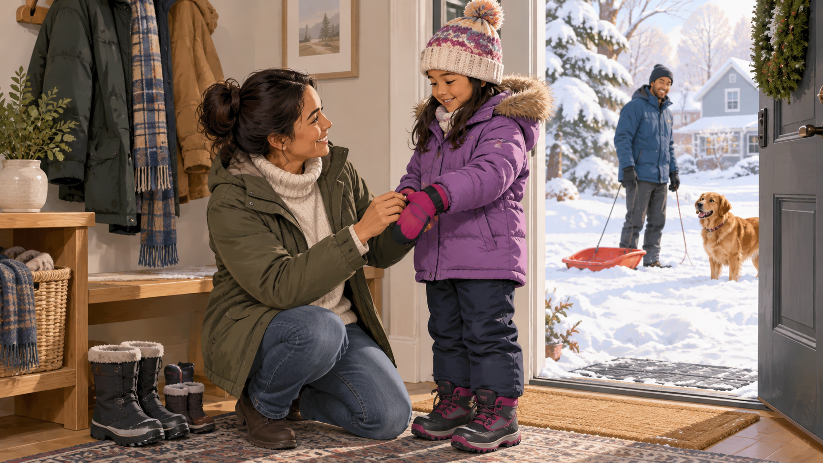 A caregiver helps a smiling child put on insulated mittens in a snowy home entryway.