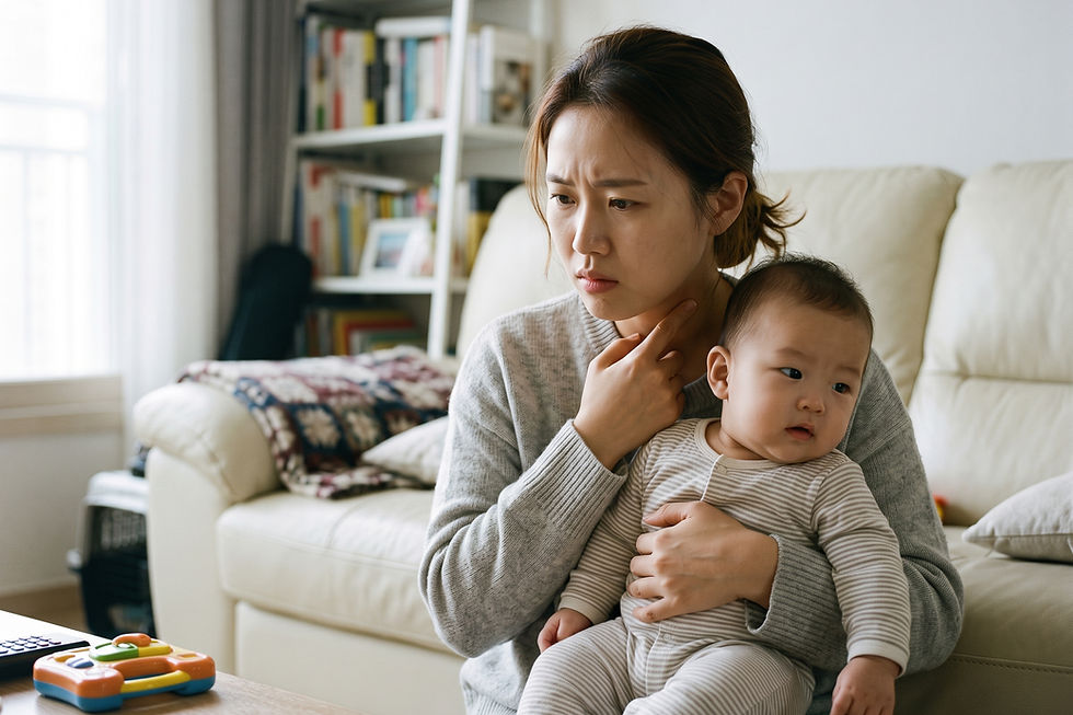 질문 일러스트: 아기 목에 2cm 크기의 멍울이 만져지는데, 아기들은 원래 목에 멍울이 잘 생기나요?