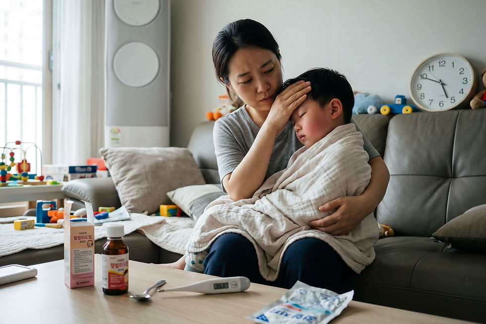 질문 일러스트: 아이가 고열이 나며 독감이 의심되는데, 독감 검사는 언제 받는 것이 가장 정확할까요?