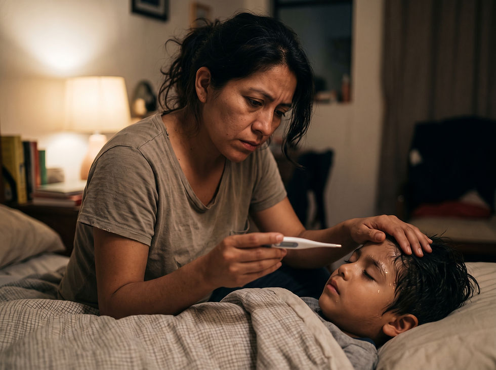 P: ¿Por qué mi hijo tiene febrícula persistente desde hace 8 días tras una cirugía de huesos nasales?