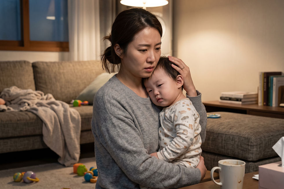 질문 일러스트: 감기약 복용 중인 돌 아기가 계속 토하고 분수토를 해요. 응급실에 가야 할까요?