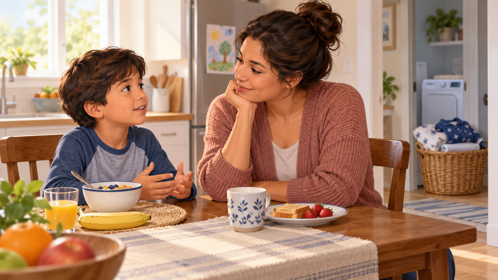 Un niño habla en la mesa del desayuno mientras su padre lo escucha con una sonrisa tranquila; hay una cesta de ropa doblada cerca.