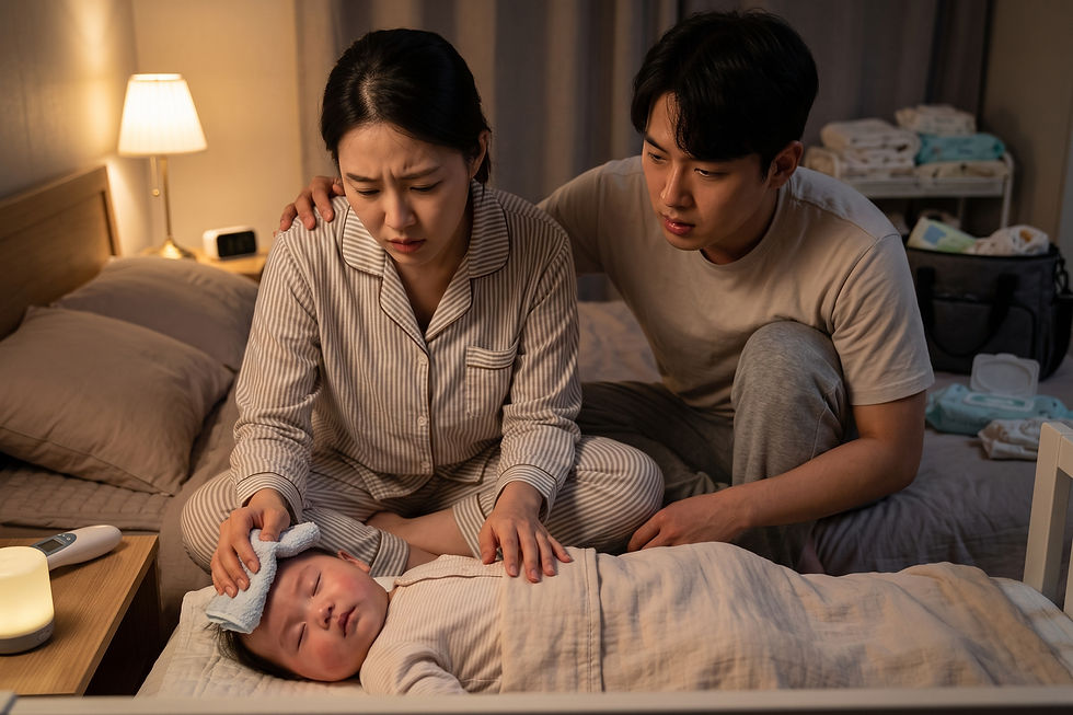 질문 일러스트: 5.5개월 아기 감기 후 갑자기 38.6도 열이 나는데, 자고 있다면 응급실에 가야 할까요?