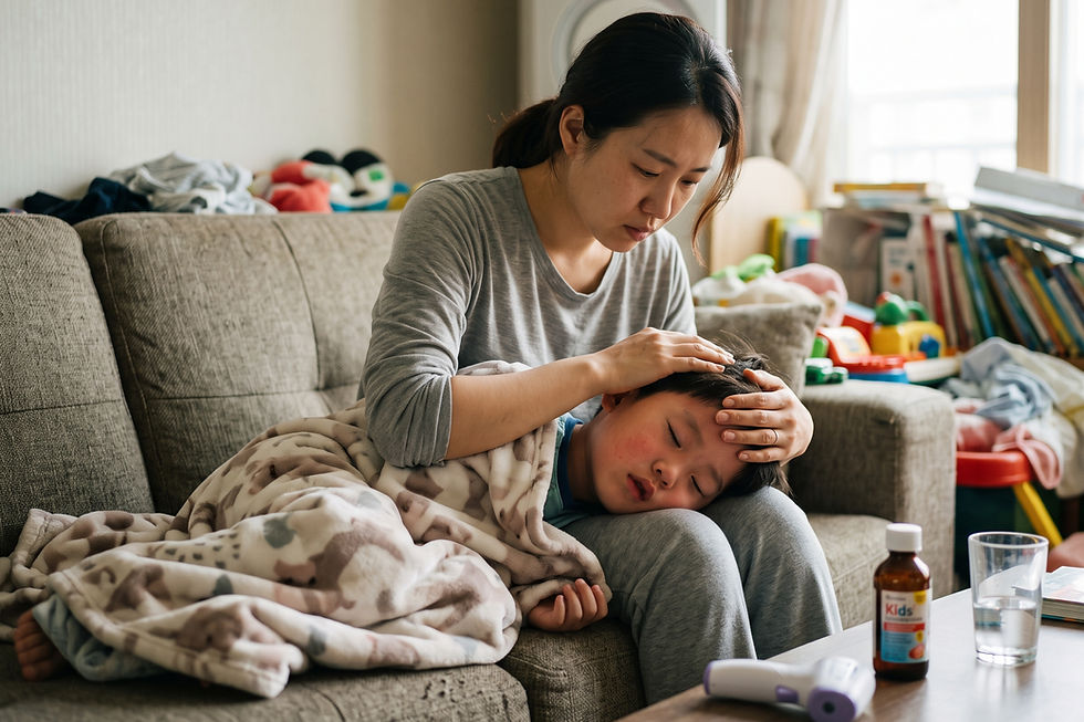 질문 일러스트: A형 독감으로 해열 수액을 맞았는데 다시 38.5도입니다. 멕시부펜을 먹여도 될까요?