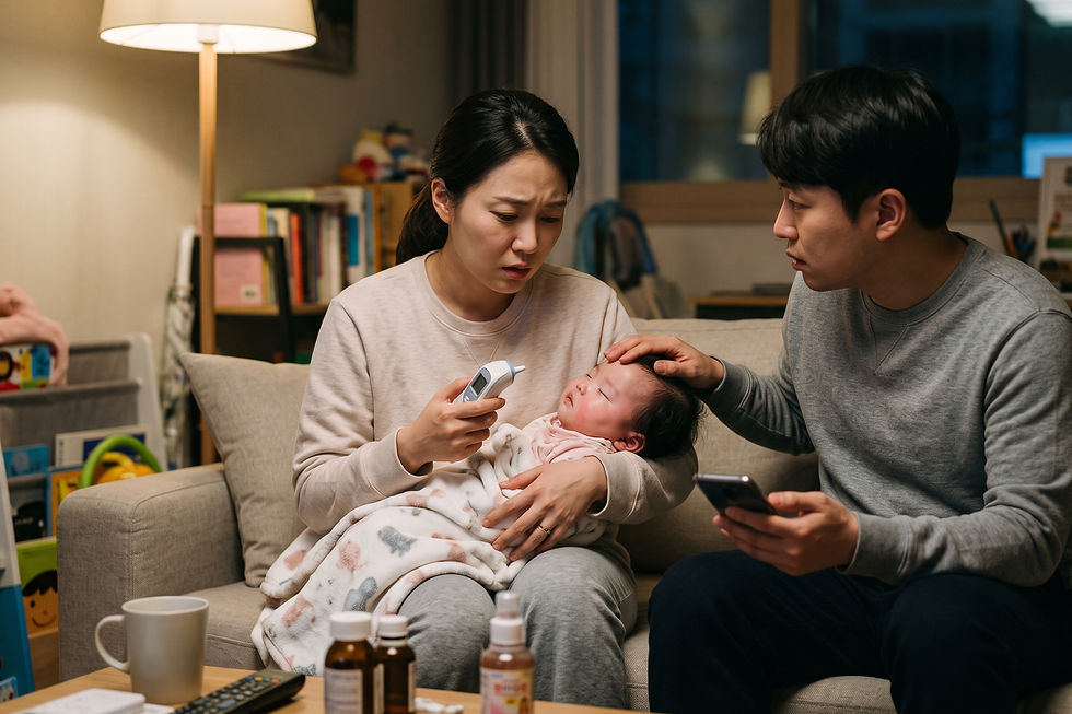 질문 일러스트: 첫째가 RSV 확진을 받았는데, 5개월 둘째가 38.6도까지 열이 납니다. 응급실에 가야 할까요?