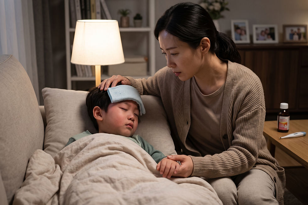 의사 답변 일러스트: A형 독감 판정을 받은 아이가 해열제를 먹어도 열이 39.9도까지 오르는데 어떻게 해야 할까요?