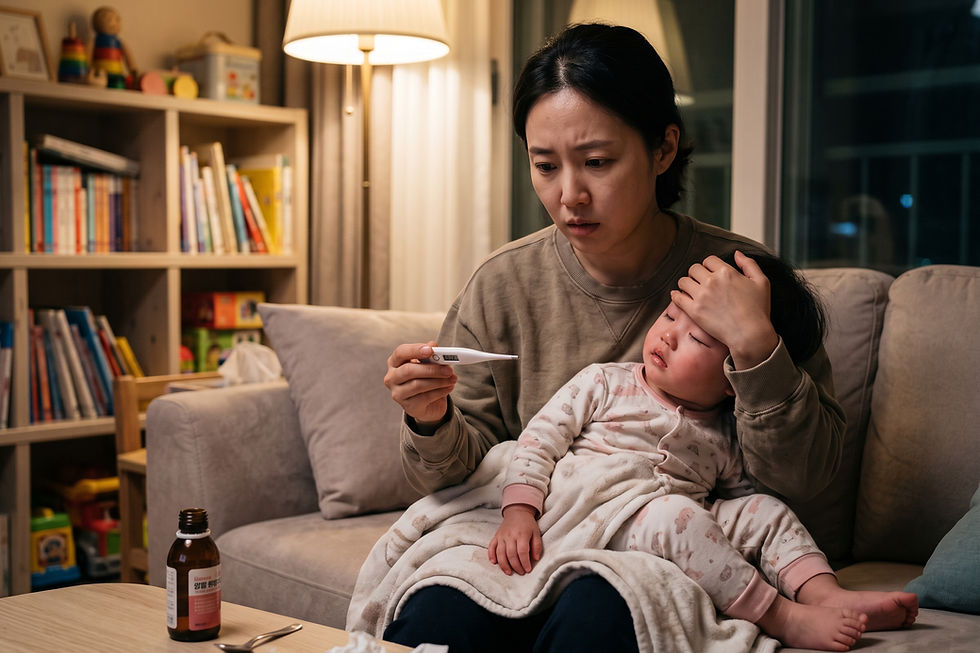 질문 일러스트: 호중구 수치 저하로 입원 후 퇴원했는데, 다시 기침하고 열이 나요. 응급실에 가야 할까요?