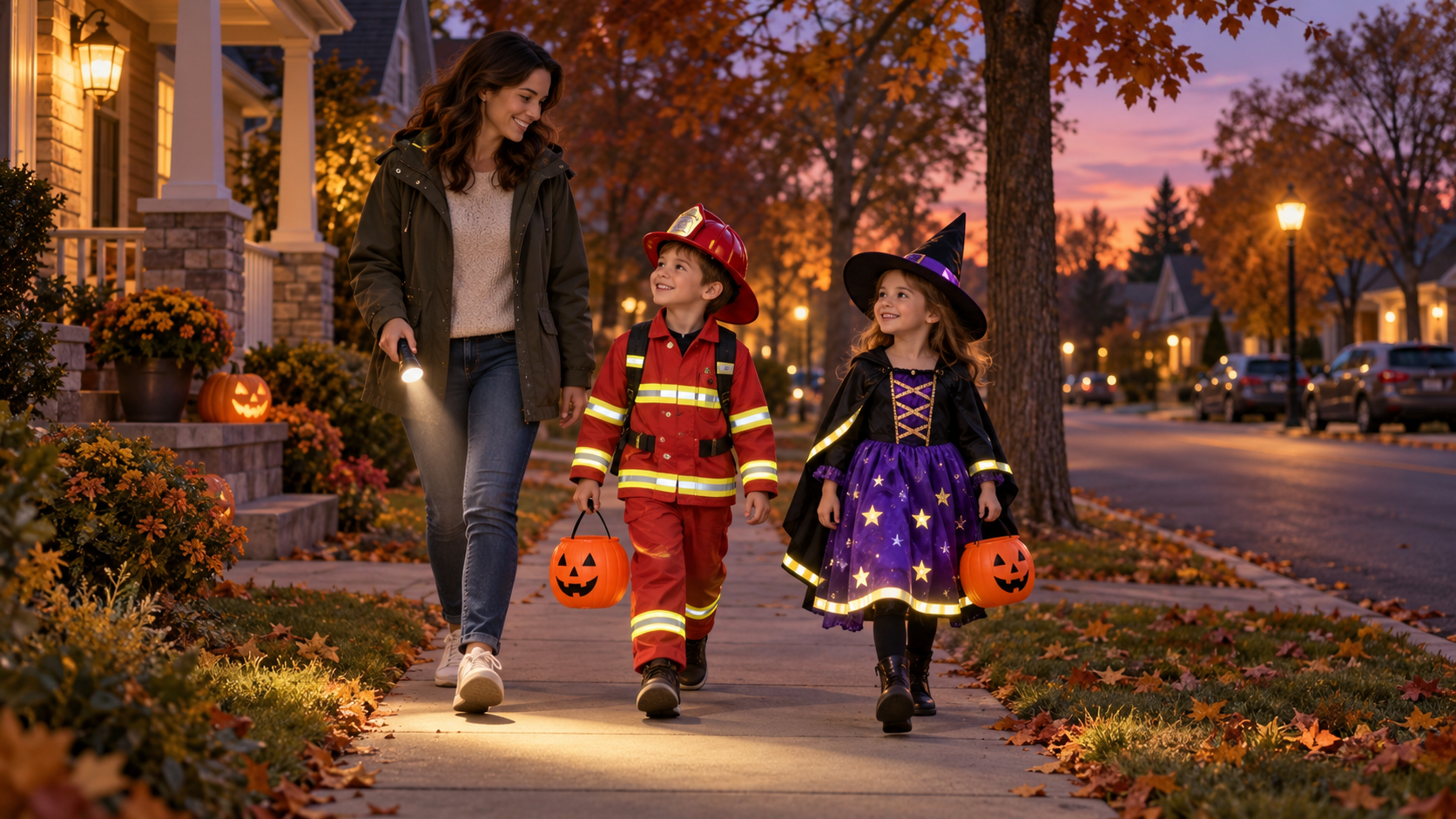An adult walks with two children in reflective costumes along a neighborhood sidewalk at dusk; the adult carries a flashlight.