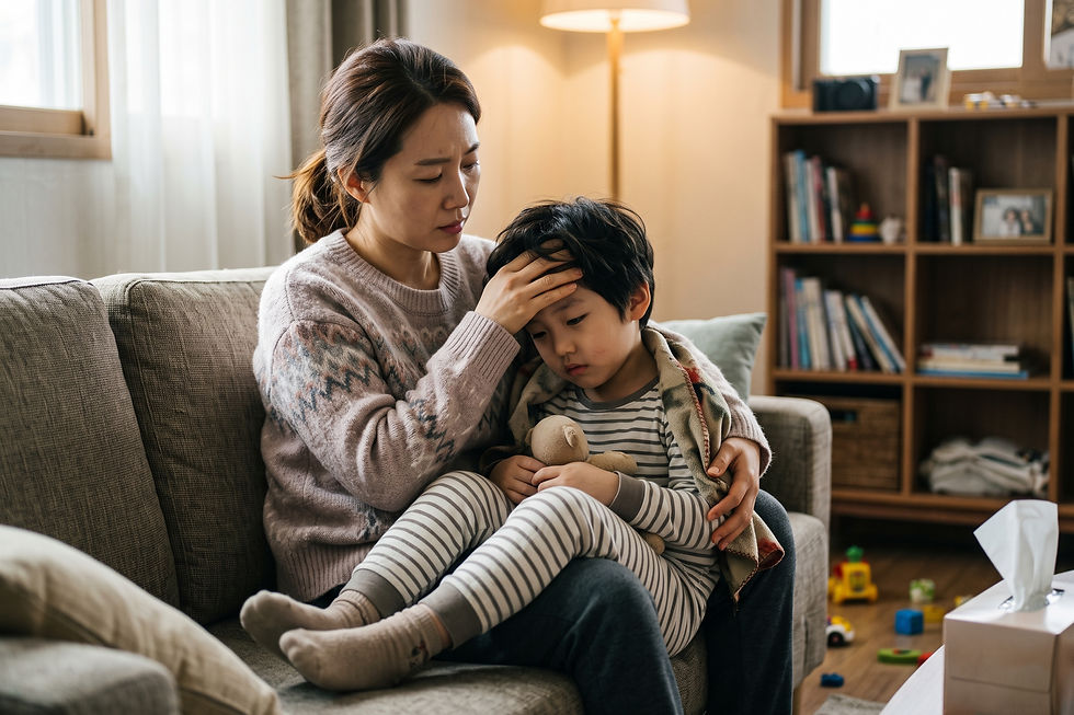 질문 일러스트: 만 7세 아이가 일주일에 3번이나 열이 나고 비염 증상이 있어요. 큰 병일까요?