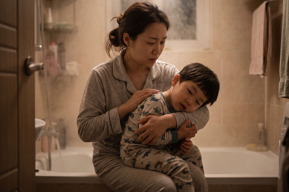 질문 일러스트: 밤에 아이가 컹컹거리는 기침을 하는 크룹 증상이 나타나면 무조건 응급실에 가야 할까요?