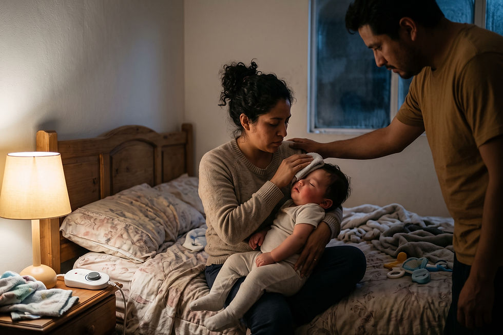 Ilustración de la respuesta del médico sobre: Mi bebé de 17 meses tiene fiebre, pero nuestra habitación es fría y tiene corr…