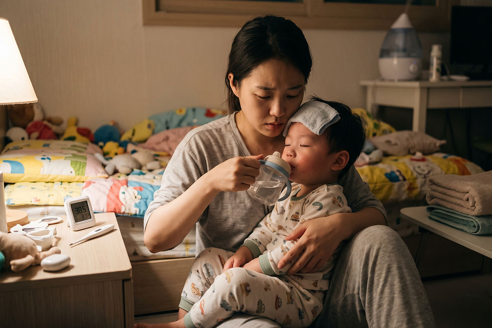 의사 답변 일러스트: 장염으로 장 소리는 괜찮다는데 설사와 열이 납니다. 수액을 맞히는 게 회복이 빠를까요?