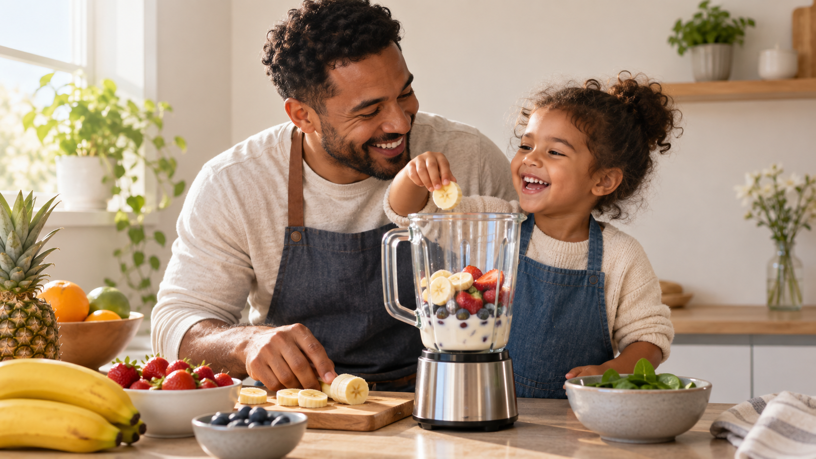 Multiracial father and child preparing a fruit smoothie together in a sunny kitchen