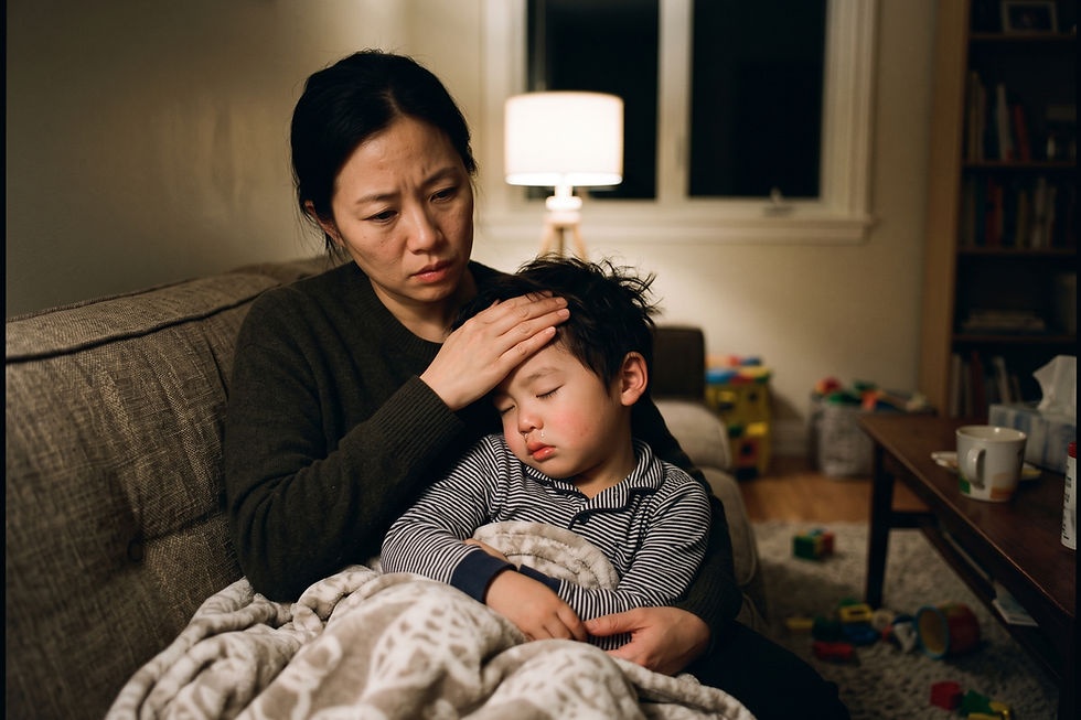 Illustration for the question: My child was exposed to the flu, has a severe cough, and just developed a fever. Should we se…