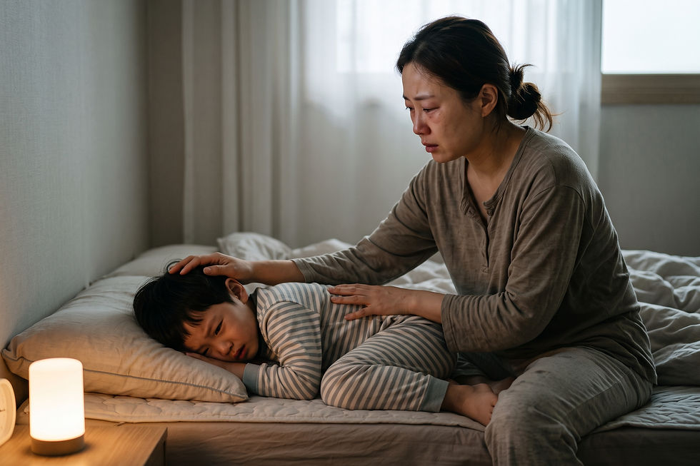 질문 일러스트: 아이가 새벽마다 머리가 아프다고 깨고 토를 해요. 뇌종양 같은 무서운 병일까 봐 너무 걱정됩니다.